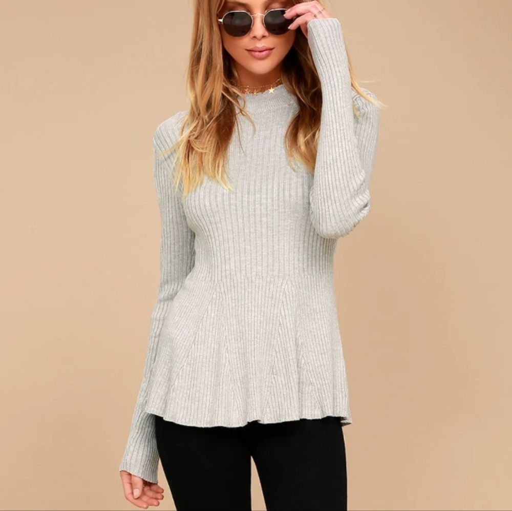 Lulus Autobiography Heather Grey Peplum Sweater Top